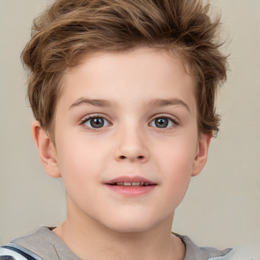 Joyful white child female with short  brown hair and grey eyes