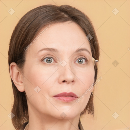 Neutral white young-adult female with medium  brown hair and grey eyes