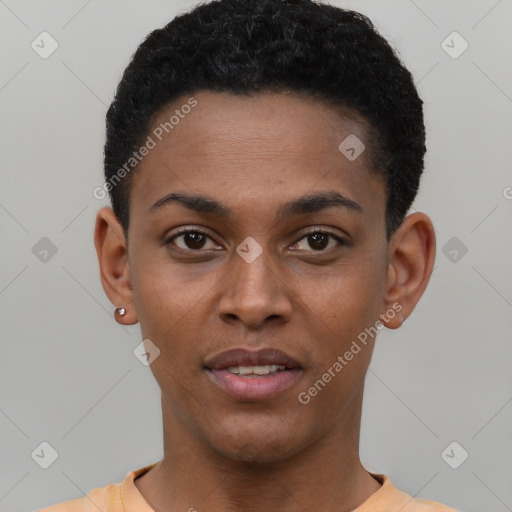 Joyful black young-adult male with short  black hair and brown eyes