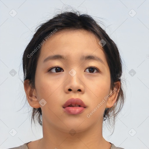 Neutral asian young-adult female with medium  brown hair and brown eyes