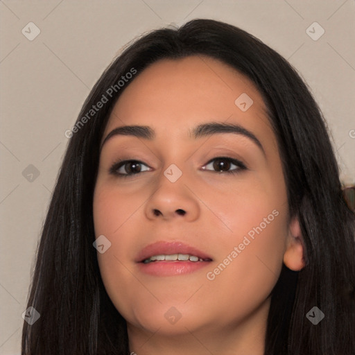 Joyful white young-adult female with long  black hair and brown eyes