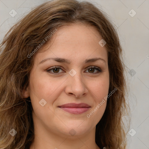 Joyful white young-adult female with long  brown hair and green eyes