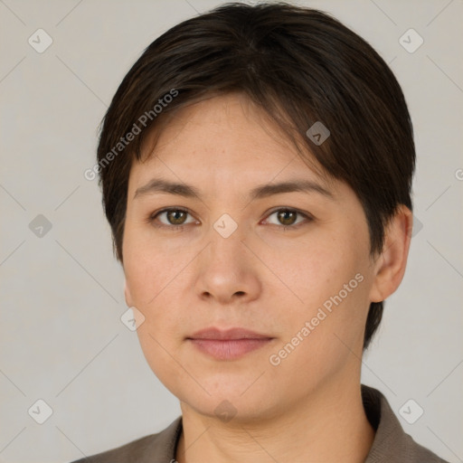 Neutral white young-adult female with short  brown hair and brown eyes