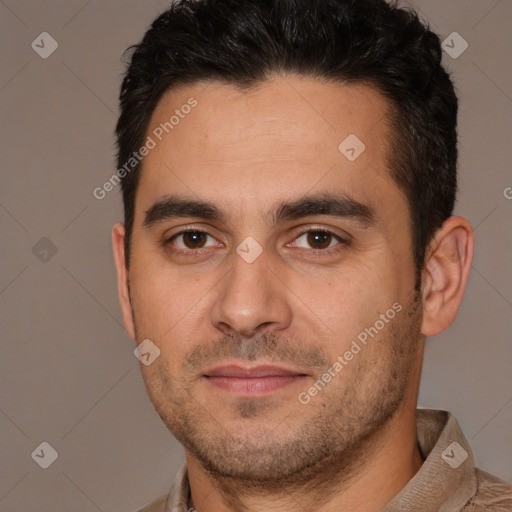 Joyful white young-adult male with short  brown hair and brown eyes