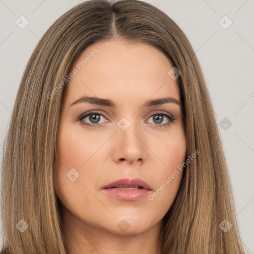 Neutral white young-adult female with long  brown hair and brown eyes