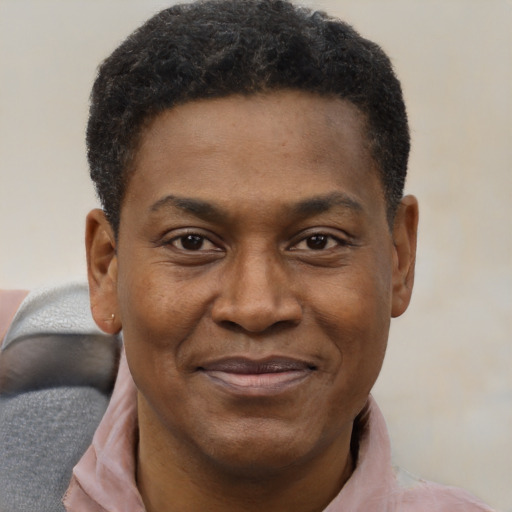 Joyful black adult male with short  brown hair and brown eyes