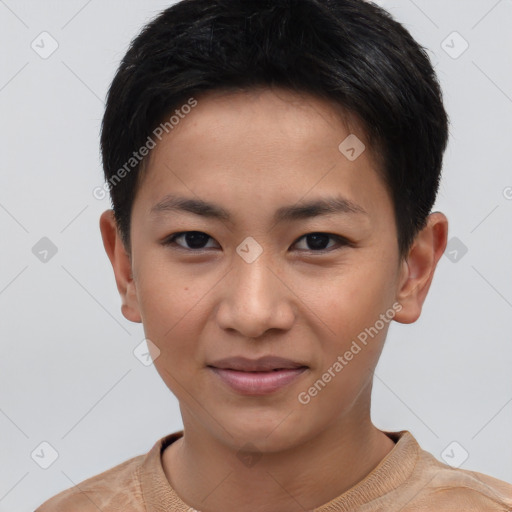 Joyful asian young-adult female with short  brown hair and brown eyes