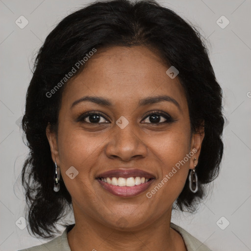 Joyful black young-adult female with medium  brown hair and brown eyes
