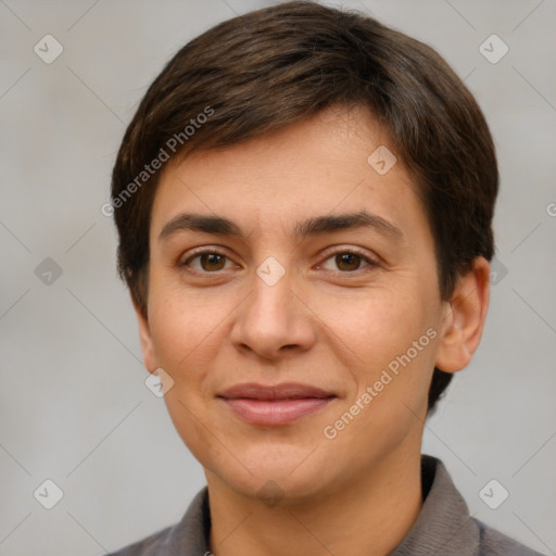 Joyful white young-adult female with short  brown hair and brown eyes