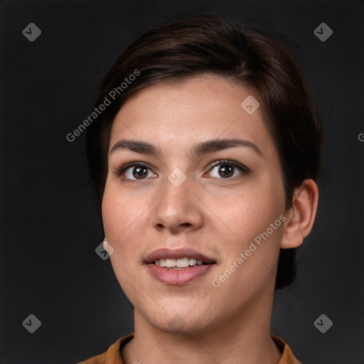 Joyful white young-adult female with short  brown hair and brown eyes