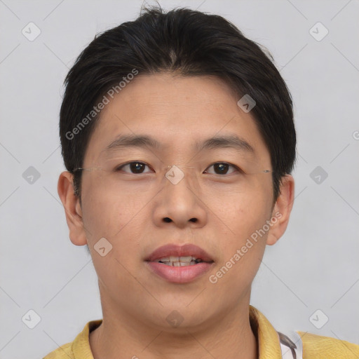 Neutral asian young-adult male with short  brown hair and brown eyes