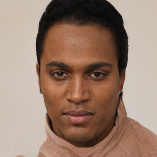 Neutral black young-adult male with short  black hair and brown eyes