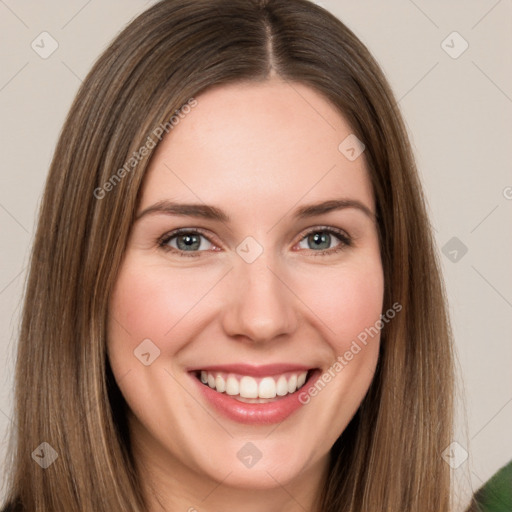 Joyful white young-adult female with long  brown hair and green eyes