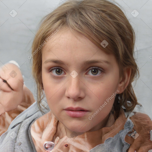 Neutral white young-adult female with medium  brown hair and grey eyes