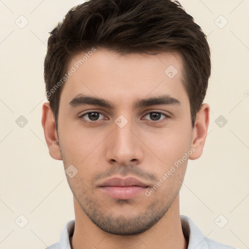 Neutral white young-adult male with short  brown hair and brown eyes