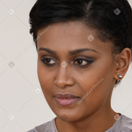 Neutral black young-adult female with short  black hair and brown eyes