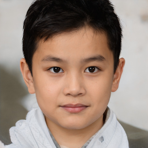 Joyful asian child male with short  brown hair and brown eyes