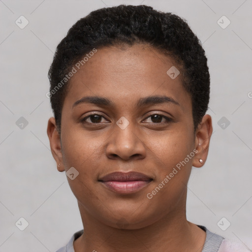 Joyful black young-adult female with short  brown hair and brown eyes