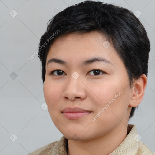Joyful white young-adult female with medium  brown hair and brown eyes