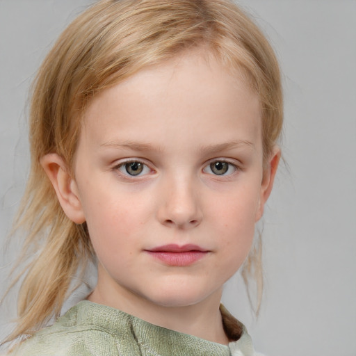 Neutral white child female with medium  brown hair and blue eyes