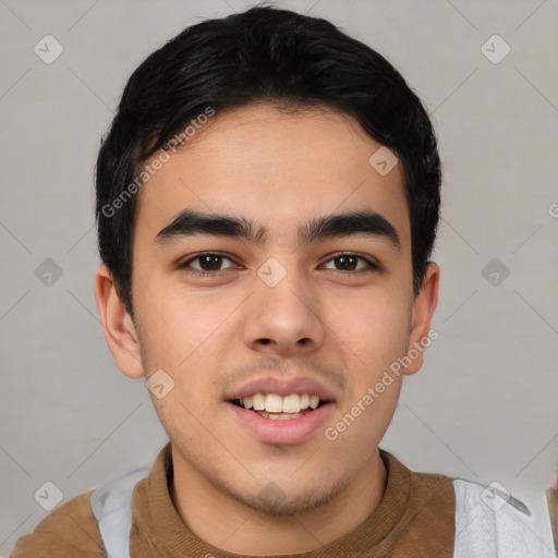 Joyful latino young-adult male with short  black hair and brown eyes