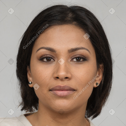 Joyful latino young-adult female with medium  brown hair and brown eyes