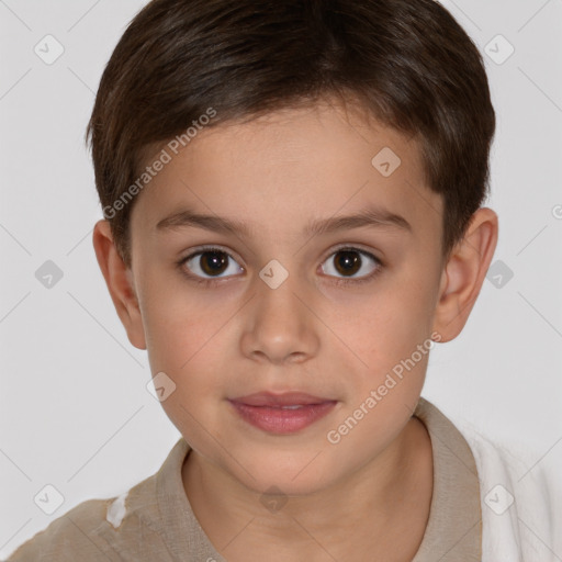 Joyful white child female with short  brown hair and brown eyes