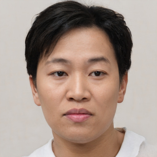 Neutral asian young-adult female with short  black hair and brown eyes