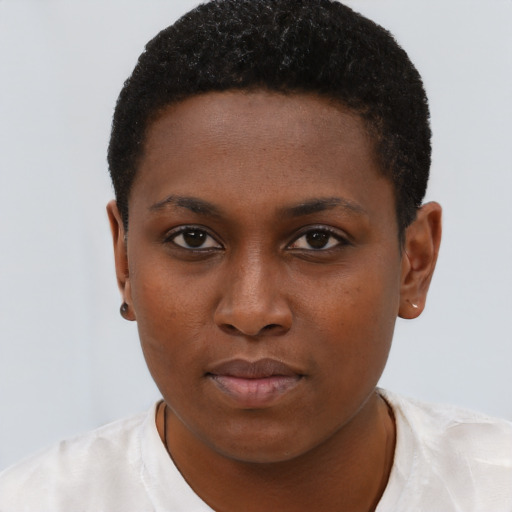 Neutral black young-adult female with short  brown hair and brown eyes