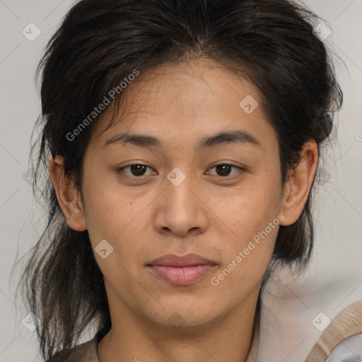 Joyful white young-adult female with medium  brown hair and brown eyes