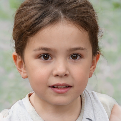 Joyful white child female with short  brown hair and brown eyes