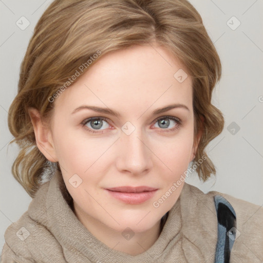 Joyful white young-adult female with medium  brown hair and blue eyes