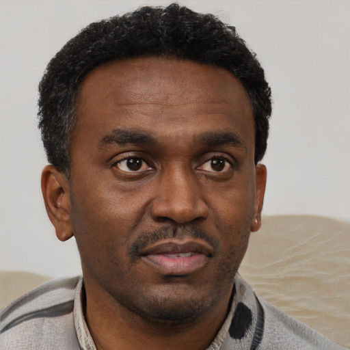 Neutral black adult male with short  black hair and brown eyes