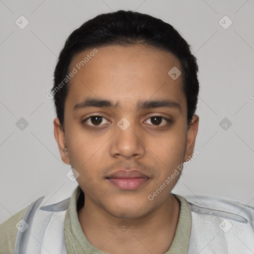 Neutral latino young-adult male with short  black hair and brown eyes