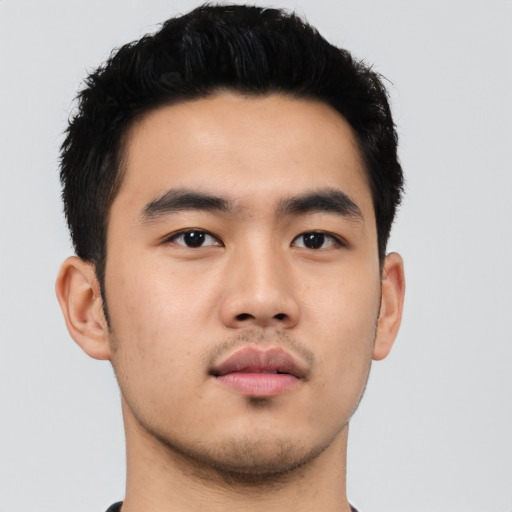 Neutral asian young-adult male with short  black hair and brown eyes