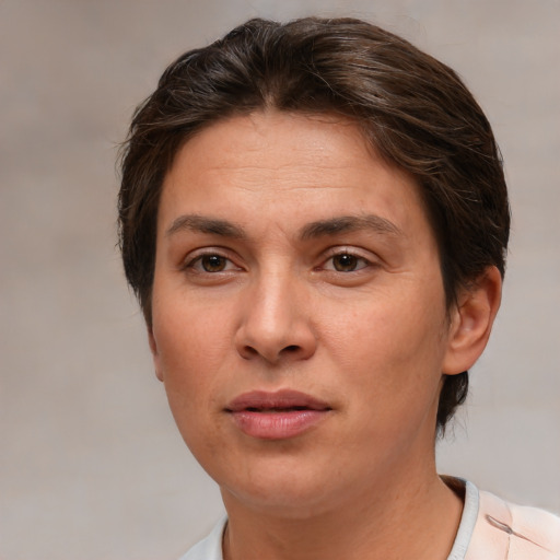 Joyful white adult female with short  brown hair and brown eyes