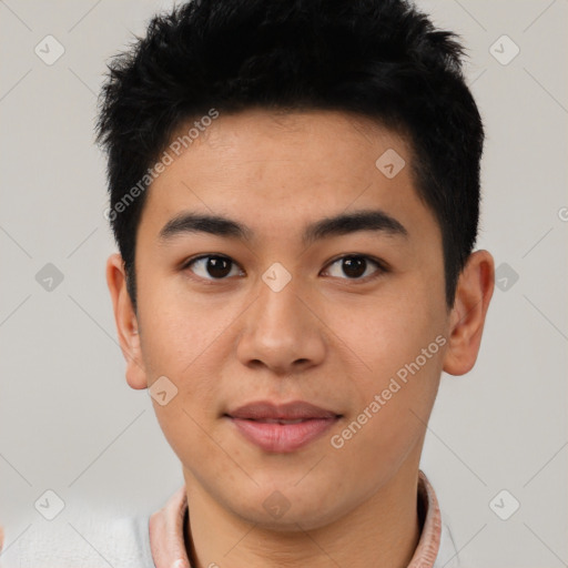 Joyful latino young-adult male with short  black hair and brown eyes