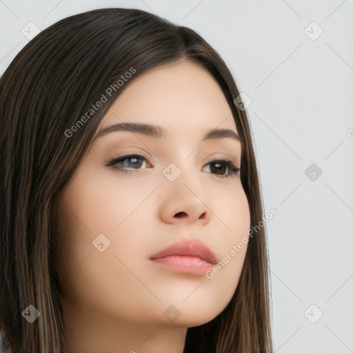 Neutral white young-adult female with long  brown hair and brown eyes