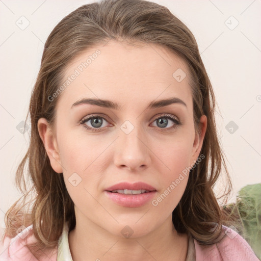 Neutral white young-adult female with medium  brown hair and grey eyes