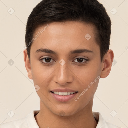 Joyful white young-adult female with short  brown hair and brown eyes