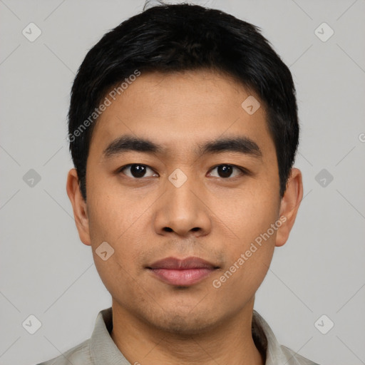 Neutral asian young-adult male with short  black hair and brown eyes