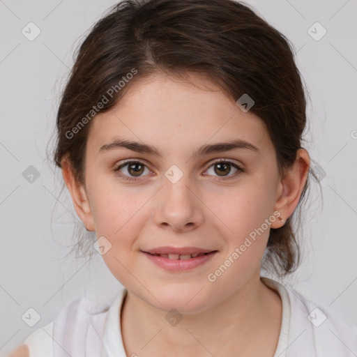 Joyful white child female with medium  brown hair and brown eyes