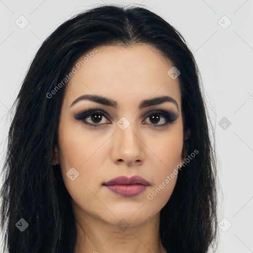 Neutral latino young-adult female with long  black hair and brown eyes