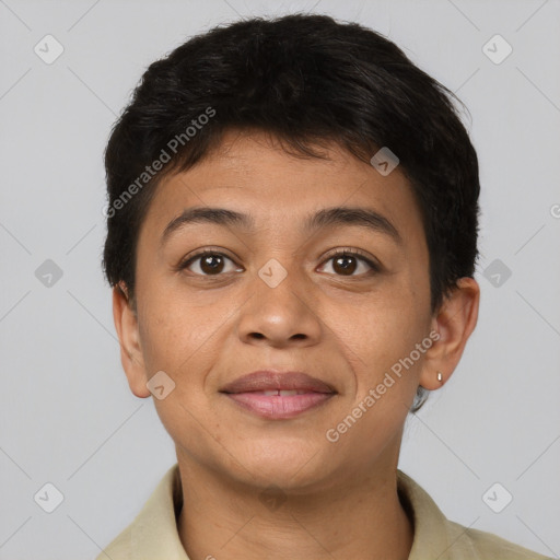 Joyful asian young-adult female with short  brown hair and brown eyes