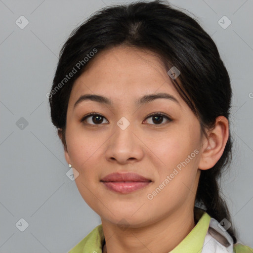 Joyful asian young-adult female with medium  brown hair and brown eyes