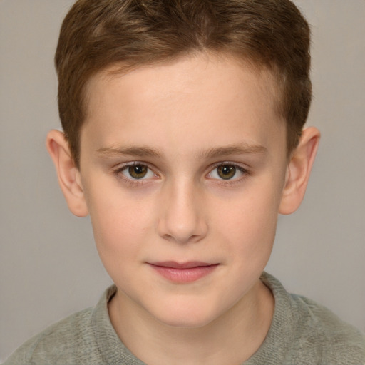 Joyful white child female with short  brown hair and brown eyes