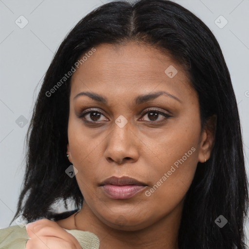 Joyful asian young-adult female with long  brown hair and brown eyes