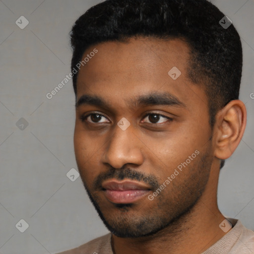 Neutral black young-adult male with short  black hair and brown eyes