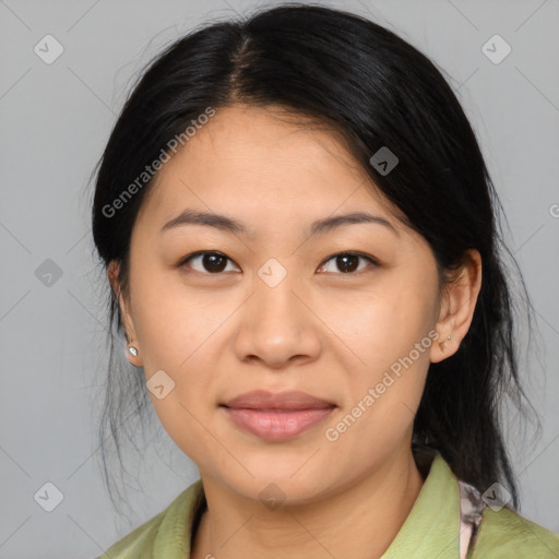 Joyful asian young-adult female with medium  brown hair and brown eyes