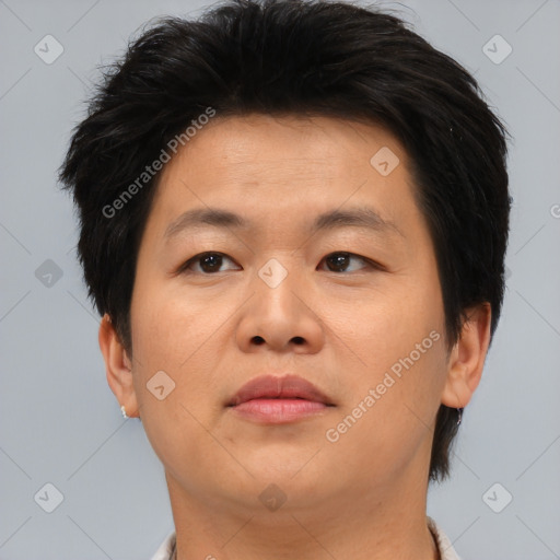 Neutral asian young-adult male with short  brown hair and brown eyes